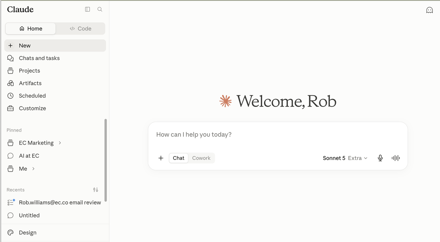Claude's desktop sidebar, showing Projects, Artifacts, and pinned items like EC Marketing and AI at EC.